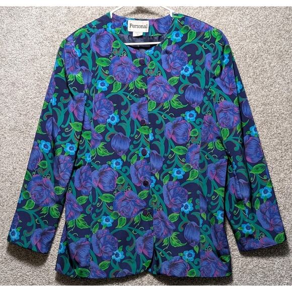 Vintage Personal Womens Size 16 Purple Blue Floral Blazer Long Sleeve Padded - Picture 1 of 8
